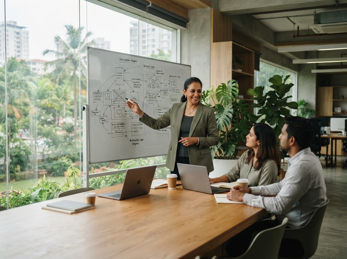 A senior Viskotu tech lead walking her team through a system architecture